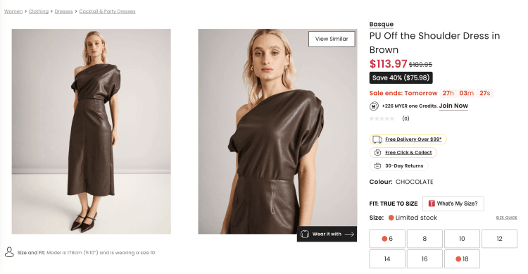 Myer: Basque PU Off the Shoulder Dress in Brown – 40% Off, $113.97